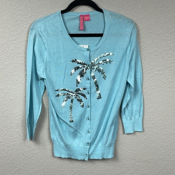NWT Charlotte Tarantola Lightweight Cotton Cardigan Sweater Sequin Palm Tree L - Picture 3 of 11